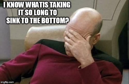 Captain Picard Facepalm Meme | I KNOW WHATIS TAKING IT SO LONG TO SINK TO THE BOTTOM? | image tagged in memes,captain picard facepalm | made w/ Imgflip meme maker