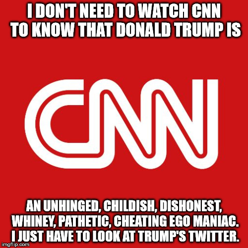 Cnn | I DON'T NEED TO WATCH CNN TO KNOW THAT DONALD TRUMP IS; AN UNHINGED, CHILDISH, DISHONEST, WHINEY, PATHETIC, CHEATING EGO MANIAC. I JUST HAVE TO LOOK AT TRUMP'S TWITTER. | image tagged in cnn | made w/ Imgflip meme maker
