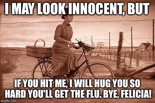  I MAY LOOK INNOCENT, BUT; IF YOU HIT ME, I WILL HUG YOU SO HARD YOU'LL GET THE FLU. BYE, FELICIA! | image tagged in wicked witch on bike | made w/ Imgflip meme maker