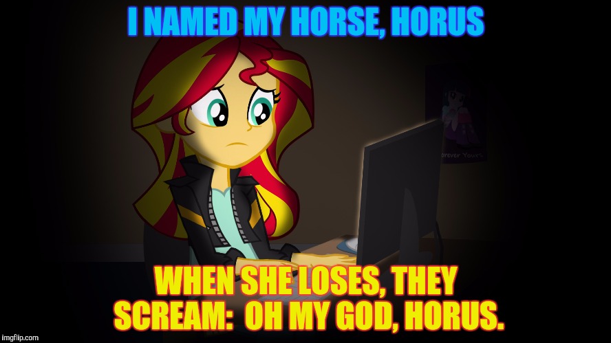 OneDoesNotSimplyFuckWithSunsetsFacebook | I NAMED MY HORSE, HORUS WHEN SHE LOSES, THEY SCREAM:  OH MY GOD, HORUS. | image tagged in onedoesnotsimplyfuckwithsunsetsfacebook | made w/ Imgflip meme maker
