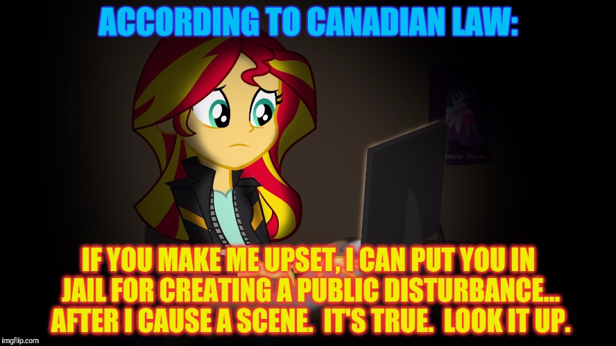 OneDoesNotSimplyFuckWithSunsetsFacebook | ACCORDING TO CANADIAN LAW: IF YOU MAKE ME UPSET, I CAN PUT YOU IN JAIL FOR CREATING A PUBLIC DISTURBANCE... AFTER I CAUSE A SCENE.  IT'S TRU | image tagged in onedoesnotsimplyfuckwithsunsetsfacebook | made w/ Imgflip meme maker