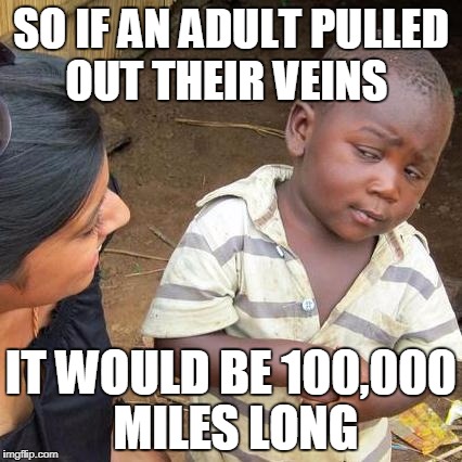 ...And they would also be dead | SO IF AN ADULT PULLED OUT THEIR VEINS; IT WOULD BE 100,000 MILES LONG | image tagged in memes,third world skeptical kid | made w/ Imgflip meme maker