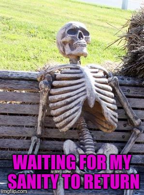 Waiting Skeleton Meme | WAITING FOR MY SANITY TO RETURN | image tagged in memes,waiting skeleton | made w/ Imgflip meme maker