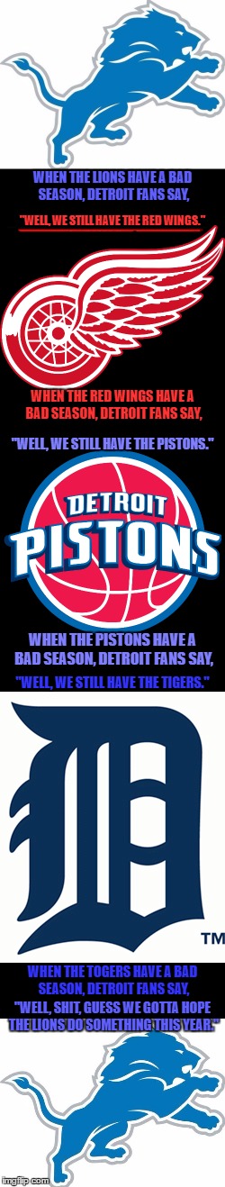 Hanging my head in shame... | WHEN THE LIONS HAVE A BAD SEASON, DETROIT FANS SAY, "WELL, WE STILL HAVE THE RED WINGS."; WHEN THE RED WINGS HAVE A BAD SEASON, DETROIT FANS SAY, "WELL, WE STILL HAVE THE PISTONS."; WHEN THE PISTONS HAVE A BAD SEASON, DETROIT FANS SAY, "WELL, WE STILL HAVE THE TIGERS."; WHEN THE TOGERS HAVE A BAD SEASON, DETROIT FANS SAY, "WELL, SHIT, GUESS WE GOTTA HOPE THE LIONS DO SOMETHING THIS YEAR." | image tagged in memes,detroit,lions,red wings,pistons,tigers | made w/ Imgflip meme maker