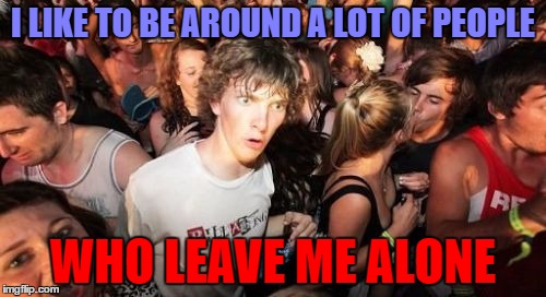 Went to a family reunion recently. My family gets me. | I LIKE TO BE AROUND A LOT OF PEOPLE; WHO LEAVE ME ALONE | image tagged in memes,sudden clarity clarence | made w/ Imgflip meme maker