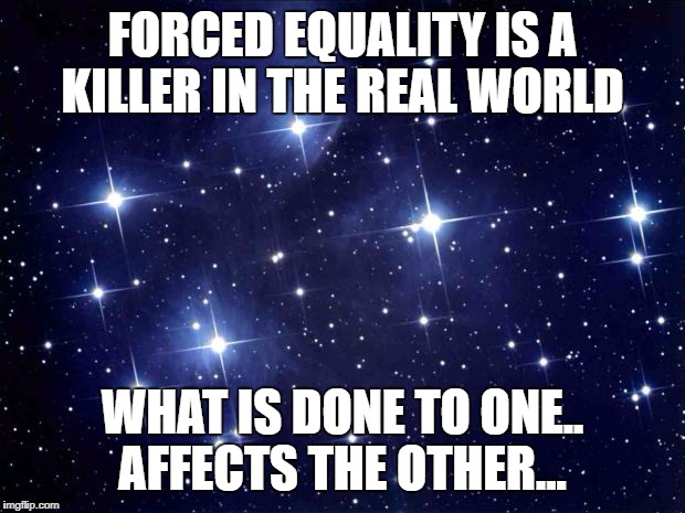 stars | FORCED EQUALITY IS A KILLER IN THE REAL WORLD; WHAT IS DONE TO ONE.. AFFECTS THE OTHER... | image tagged in stars | made w/ Imgflip meme maker