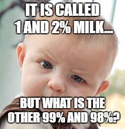 What's in this milk?! | IT IS CALLED 1 AND 2% MILK... BUT WHAT IS THE OTHER 99% AND 98%? | image tagged in memes,skeptical baby | made w/ Imgflip meme maker