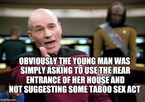 Picard Wtf Meme | OBVIOUSLY THE YOUNG MAN WAS SIMPLY ASKING TO USE THE REAR ENTRANCE OF HER HOUSE AND NOT SUGGESTING SOME TABOO SEX ACT | image tagged in memes,picard wtf | made w/ Imgflip meme maker