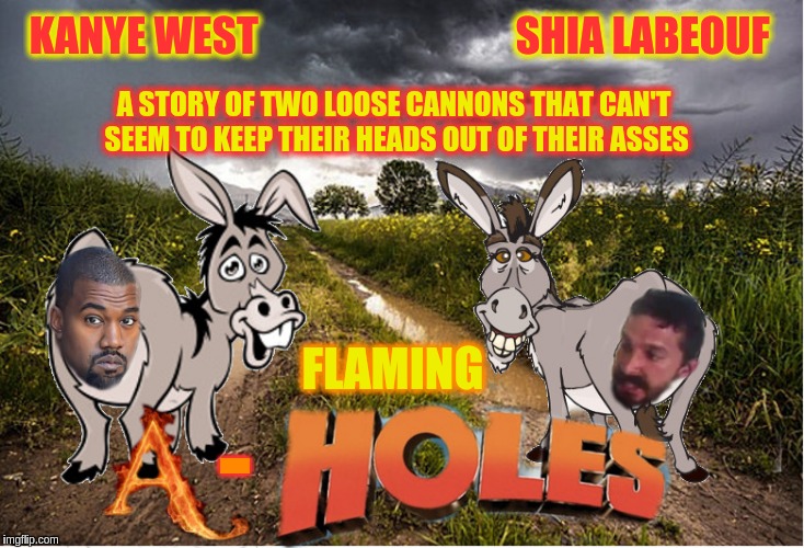 The next buddy movie | KANYE WEST                               SHIA LABEOUF; A STORY OF TWO LOOSE CANNONS THAT CAN'T SEEM TO KEEP THEIR HEADS OUT OF THEIR ASSES; FLAMING; - | image tagged in memes | made w/ Imgflip meme maker