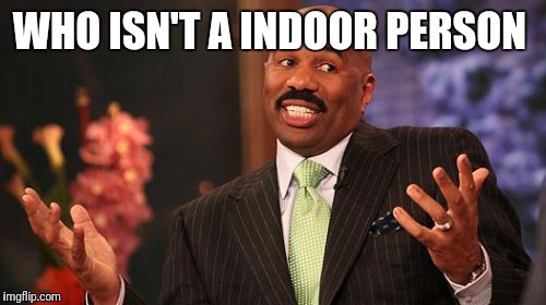 WHO ISN'T A INDOOR PERSON | image tagged in memes,steve harvey | made w/ Imgflip meme maker