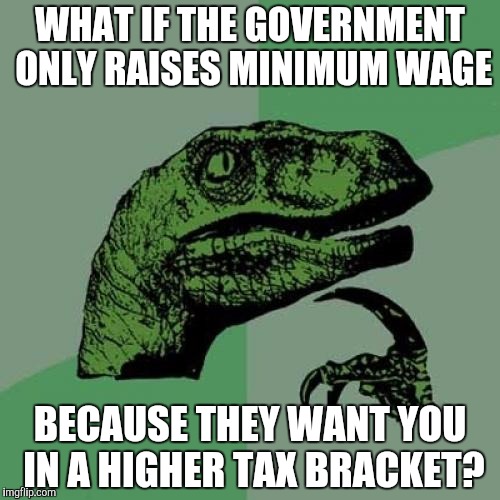 Philosoraptor Meme | WHAT IF THE GOVERNMENT ONLY RAISES MINIMUM WAGE BECAUSE THEY WANT YOU IN A HIGHER TAX BRACKET? | image tagged in memes,philosoraptor | made w/ Imgflip meme maker