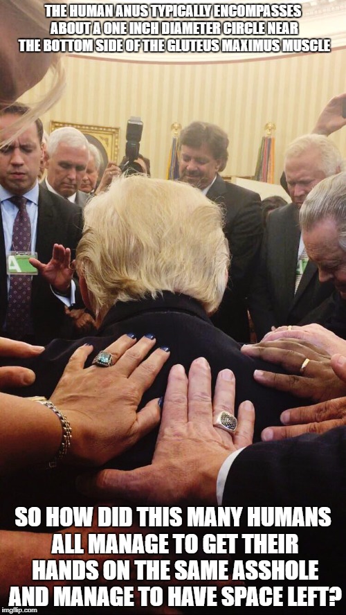 trump, asshole, religion, potus | THE HUMAN ANUS TYPICALLY ENCOMPASSES ABOUT A ONE INCH DIAMETER CIRCLE NEAR THE BOTTOM SIDE OF THE GLUTEUS MAXIMUS MUSCLE; SO HOW DID THIS MANY HUMANS ALL MANAGE TO GET THEIR HANDS ON THE SAME ASSHOLE AND MANAGE TO HAVE SPACE LEFT? | image tagged in trump,potus,asshole,anus,uranus | made w/ Imgflip meme maker