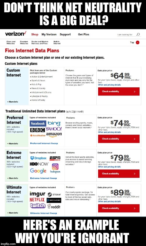 The internet should NOT be controlled by big business or we're all screwed. This is only the beginning... | DON'T THINK NET NEUTRALITY IS A BIG DEAL? HERE'S AN EXAMPLE WHY YOU'RE IGNORANT | image tagged in memes,net neutrality | made w/ Imgflip meme maker