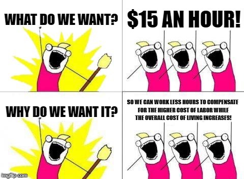 What Do We Want Meme | WHAT DO WE WANT? $15 AN HOUR! SO WE CAN WORK LESS HOURS TO COMPENSATE FOR THE HIGHER COST OF LABOR WHILE THE OVERALL COST OF LIVING INCREASES! WHY DO WE WANT IT? | image tagged in memes,what do we want | made w/ Imgflip meme maker