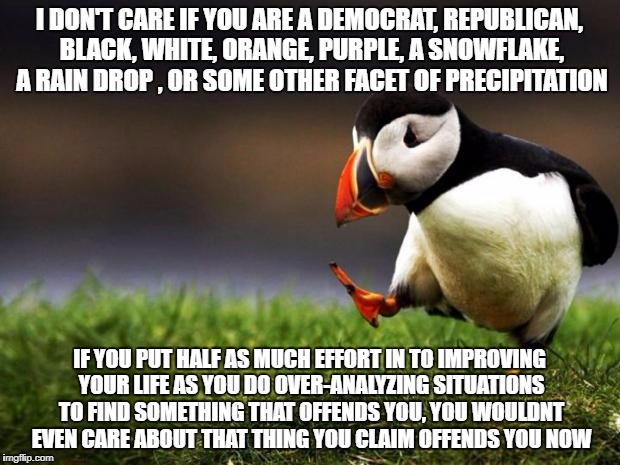 ...a thought to ponder | I DON'T CARE IF YOU ARE A DEMOCRAT, REPUBLICAN, BLACK, WHITE, ORANGE, PURPLE, A SNOWFLAKE, A RAIN DROP , OR SOME OTHER FACET OF PRECIPITATION; IF YOU PUT HALF AS MUCH EFFORT IN TO IMPROVING YOUR LIFE AS YOU DO OVER-ANALYZING SITUATIONS TO FIND SOMETHING THAT OFFENDS YOU, YOU WOULDNT EVEN CARE ABOUT THAT THING YOU CLAIM OFFENDS YOU NOW | image tagged in memes,unpopular opinion puffin,political correctness,politics,snowflakes | made w/ Imgflip meme maker