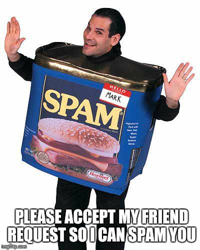 Spam | PLEASE ACCEPT MY FRIEND REQUEST SO I CAN SPAM YOU | image tagged in spam | made w/ Imgflip meme maker