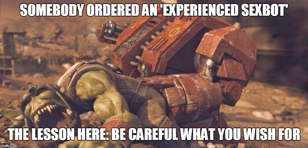 Veteran Sexbot | SOMEBODY ORDERED AN 'EXPERIENCED SEXBOT'; THE LESSON HERE: BE CAREFUL WHAT YOU WISH FOR | image tagged in memes,funny memes,sexbot,robots,robot,warhammer40k | made w/ Imgflip meme maker