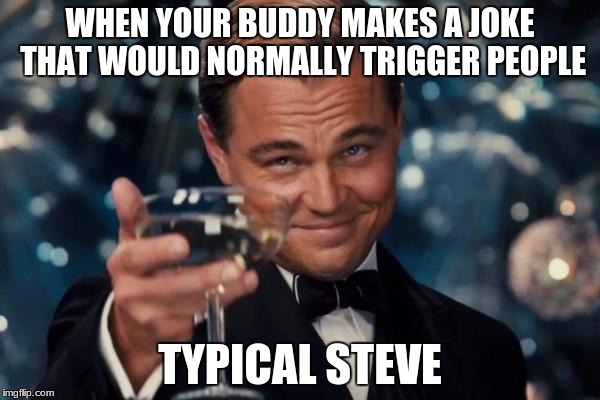 Leonardo Dicaprio Cheers Meme | WHEN YOUR BUDDY MAKES A JOKE THAT WOULD NORMALLY TRIGGER PEOPLE; TYPICAL STEVE | image tagged in memes,leonardo dicaprio cheers | made w/ Imgflip meme maker