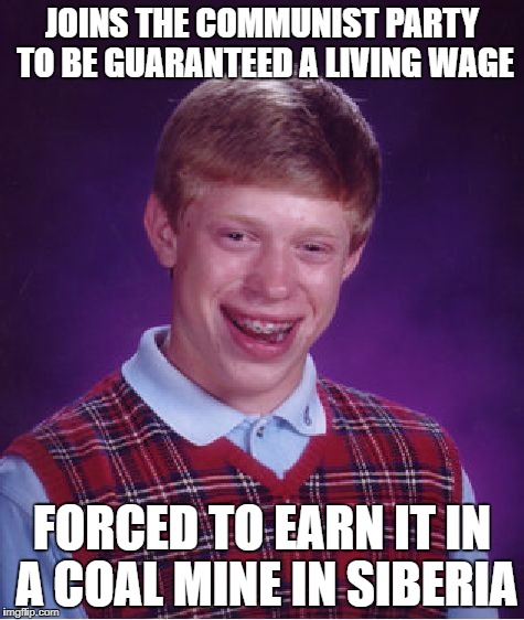 Bad Luck Brian Meme | JOINS THE COMMUNIST PARTY TO BE GUARANTEED A LIVING WAGE FORCED TO EARN IT IN A COAL MINE IN SIBERIA | image tagged in memes,bad luck brian | made w/ Imgflip meme maker