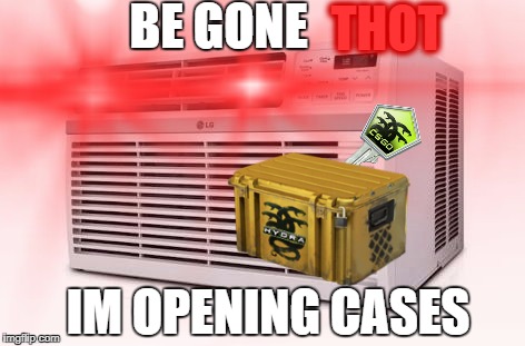 I AINT TRYNA SMASH LIKE | BE GONE; THOT; IM OPENING CASES | image tagged in air conditioner thot b gone,csgo | made w/ Imgflip meme maker
