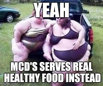 YEAH MCD'S SERVES REAL HEALTHY FOOD INSTEAD | image tagged in two fat women | made w/ Imgflip meme maker