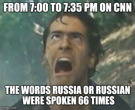 Ash v talking heads | FROM 7:00 TO 7:35 PM ON CNN; THE WORDS RUSSIA OR RUSSIAN WERE SPOKEN 66 TIMES | image tagged in cnn,cnn fake news,memes | made w/ Imgflip meme maker