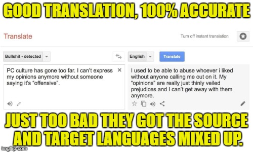 The BS is on the right, not on the left | GOOD TRANSLATION, 100% ACCURATE; JUST TOO BAD THEY GOT THE SOURCE AND TARGET LANGUAGES MIXED UP. | image tagged in pc,political correctness,memes | made w/ Imgflip meme maker