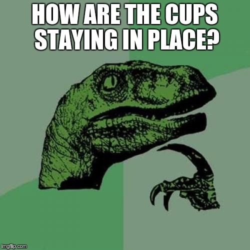 Philosoraptor Meme | HOW ARE THE CUPS STAYING IN PLACE? | image tagged in memes,philosoraptor | made w/ Imgflip meme maker