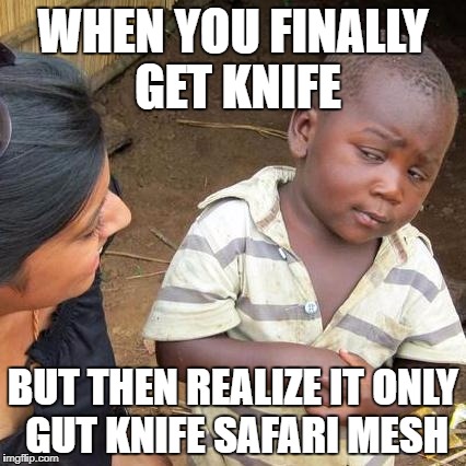 Third World Skeptical Kid Meme | WHEN YOU FINALLY GET KNIFE; BUT THEN REALIZE IT ONLY GUT KNIFE SAFARI MESH | image tagged in memes,third world skeptical kid | made w/ Imgflip meme maker