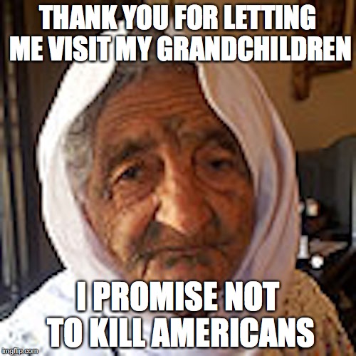 Grandma is happy | THANK YOU FOR LETTING ME VISIT MY GRANDCHILDREN; I PROMISE NOT TO KILL AMERICANS | image tagged in nevertrump | made w/ Imgflip meme maker