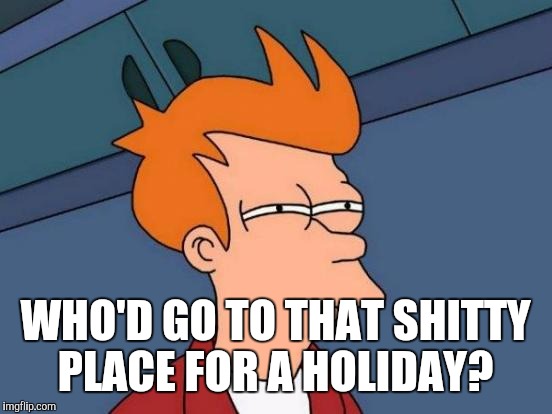 Futurama Fry Meme | WHO'D GO TO THAT SHITTY PLACE FOR A HOLIDAY? | image tagged in memes,futurama fry | made w/ Imgflip meme maker