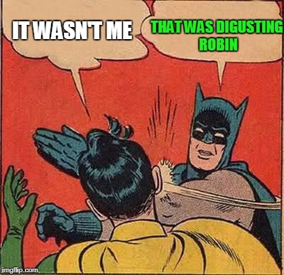 Batman Slapping Robin Meme | IT WASN'T ME THAT WAS DIGUSTING ROBIN | image tagged in memes,batman slapping robin | made w/ Imgflip meme maker
