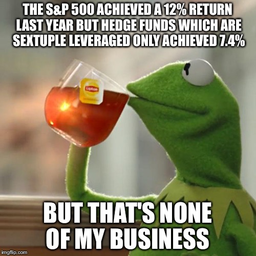 Invest in index funds not hedge funds | THE S&P 500 ACHIEVED A 12% RETURN LAST YEAR BUT HEDGE FUNDS WHICH ARE SEXTUPLE LEVERAGED ONLY ACHIEVED 7.4%; BUT THAT'S NONE OF MY BUSINESS | image tagged in memes,but thats none of my business,kermit the frog | made w/ Imgflip meme maker