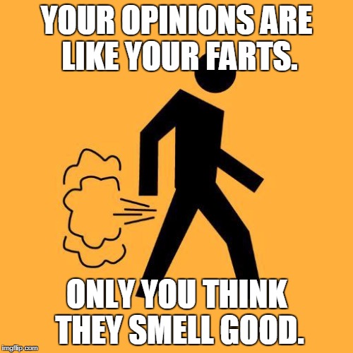 Opinions are Farts | YOUR OPINIONS ARE LIKE YOUR FARTS. ONLY YOU THINK THEY SMELL GOOD. | image tagged in opinions,farts,stfu | made w/ Imgflip meme maker