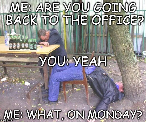 Friday lunchtime Drinking | ME: ARE YOU GOING BACK TO THE OFFICE? YOU: YEAH; ME: WHAT, ON MONDAY? | image tagged in lunch time drinking,drunk,drinking,office,work,monday | made w/ Imgflip meme maker