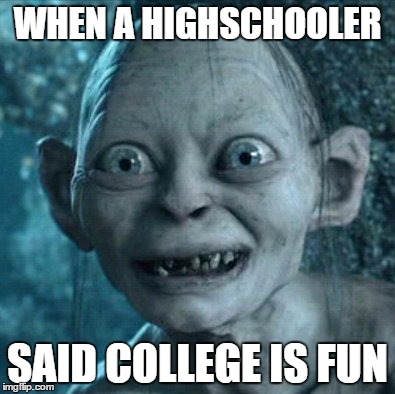 Gollum | WHEN A HIGHSCHOOLER; SAID COLLEGE IS FUN | image tagged in memes,gollum | made w/ Imgflip meme maker