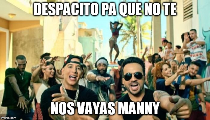 Despacito | DESPACITO PA QUE NO TE; NOS VAYAS MANNY | image tagged in despacito | made w/ Imgflip meme maker