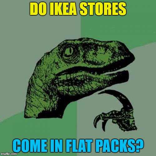 They all look the same... :) | DO IKEA STORES; COME IN FLAT PACKS? | image tagged in memes,philosoraptor,ikea,building,flat packs | made w/ Imgflip meme maker