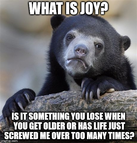 Confession Bear | WHAT IS JOY? IS IT SOMETHING YOU LOSE WHEN YOU GET OLDER OR HAS LIFE JUST SCREWED ME OVER TOO MANY TIMES? | image tagged in memes,confession bear | made w/ Imgflip meme maker