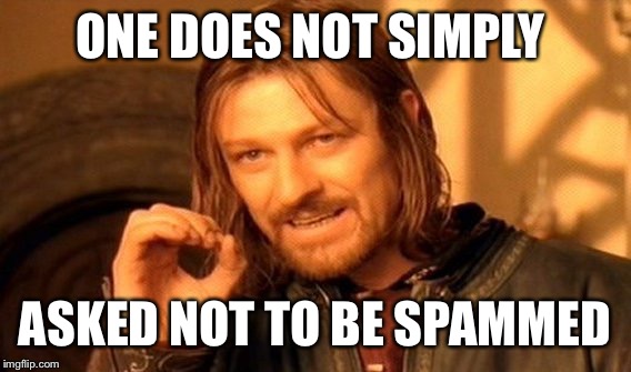 One Does Not Simply Meme | ONE DOES NOT SIMPLY; ASKED NOT TO BE SPAMMED | image tagged in memes,one does not simply | made w/ Imgflip meme maker