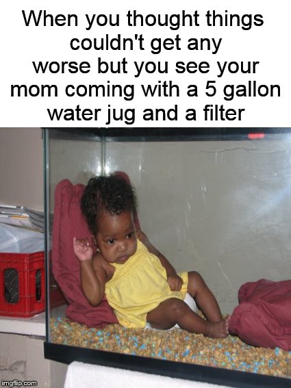 The Struggle Playpen | When you thought things couldn't get any worse but you see your mom coming with a 5 gallon water jug and a filter | image tagged in funny memes,baby,aquarium,ratchet,ghetto | made w/ Imgflip meme maker
