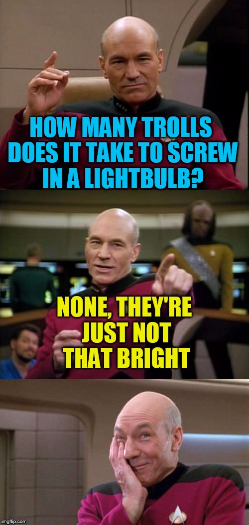 Bad Pun Picard | HOW MANY TROLLS DOES IT TAKE TO SCREW IN A LIGHTBULB? NONE, THEY'RE JUST NOT THAT BRIGHT | image tagged in bad pun picard | made w/ Imgflip meme maker