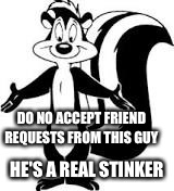 Request ignored | DO NO ACCEPT FRIEND REQUESTS FROM THIS GUY; HE'S A REAL STINKER | image tagged in facebook,friend request,looney tunes | made w/ Imgflip meme maker