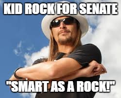 Kid Rock Campaign Slogan | KID ROCK FOR SENATE; "SMART AS A ROCK!" | image tagged in kid rock campaign slogan | made w/ Imgflip meme maker