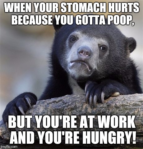 Confession Bear Meme | WHEN YOUR STOMACH HURTS BECAUSE YOU GOTTA POOP, BUT YOU'RE AT WORK AND YOU'RE HUNGRY! | image tagged in memes,confession bear | made w/ Imgflip meme maker