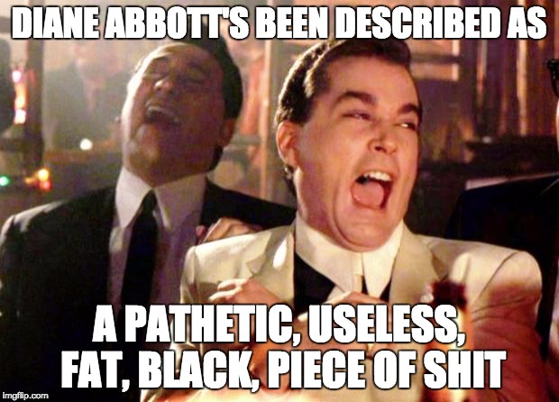 Goodfellas Laugh | DIANE ABBOTT'S BEEN DESCRIBED AS; A PATHETIC, USELESS, FAT, BLACK, PIECE OF SHIT | image tagged in goodfellas laugh | made w/ Imgflip meme maker