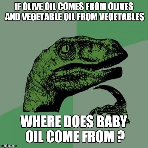 Philosoraptor | IF OLIVE OIL COMES FROM OLIVES AND VEGETABLE OIL FROM VEGETABLES; WHERE DOES BABY OIL COME FROM ? | image tagged in memes,philosoraptor,question,funny,baby oil | made w/ Imgflip meme maker
