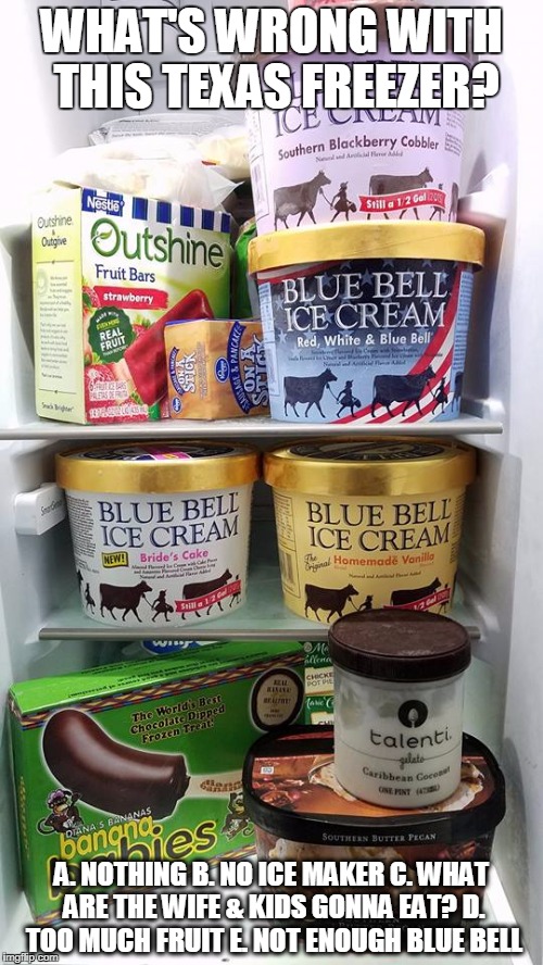 Blue Bell Madness | WHAT'S WRONG WITH THIS TEXAS FREEZER? A. NOTHING B. NO ICE MAKER C. WHAT ARE THE WIFE & KIDS GONNA EAT? D. TOO MUCH FRUIT E. NOT ENOUGH BLUE BELL | image tagged in ice cream,pig,eating,eating healthy,fat kid | made w/ Imgflip meme maker