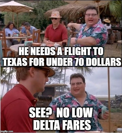 See?  Nobody Cares | HE NEEDS A FLIGHT TO TEXAS FOR UNDER 70 DOLLARS; SEE?  NO LOW DELTA FARES | image tagged in memes,see nobody cares | made w/ Imgflip meme maker