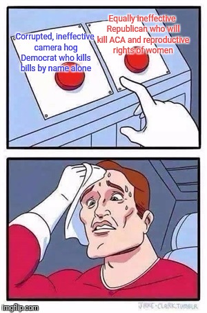 Two Buttons Meme | Equally ineffective Republican who will kill ACA and reproductive rights of women; Corrupted, ineffective camera hog Democrat who kills bills by name alone | image tagged in two buttons | made w/ Imgflip meme maker